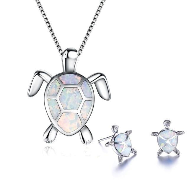 Tengeri Teknősbéka Nyaklánc + Fülbevaló Szett Opál és Ezüst | Fenntartható, Óceán Inspirálta Ékszerek