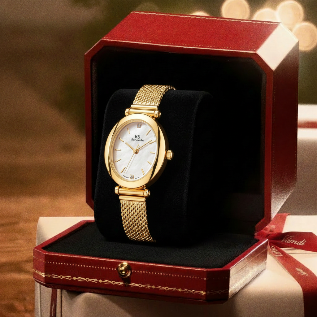 Relógio dourado com bracelete em malha na caixa Váradi
